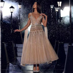Robe de soirée mi-longue style arabe nude, coupe trapèze, bretelles et perles, pour femme, tenue de mariage, modèle LA71911, 2025 