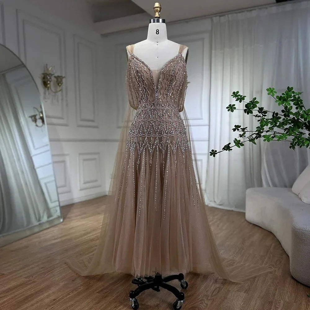 Robe de soirée mi-longue style arabe nude, coupe trapèze, bretelles et perles, pour femme, tenue de mariage, modèle LA71911, 2025 