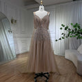 Robe de soirée mi-longue style arabe nude, coupe trapèze, bretelles et perles, pour femme, tenue de mariage, modèle LA71911, 2025 