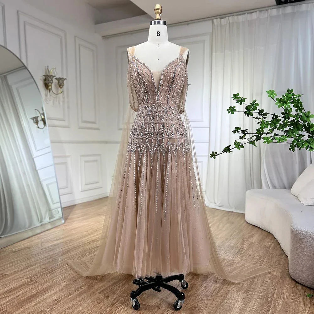 Robe de soirée mi-longue style arabe nude, coupe trapèze, bretelles et perles, pour femme, tenue de mariage, modèle LA71911, 2025 
