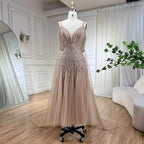 Robe de soirée mi-longue style arabe nude, coupe trapèze, bretelles et perles, pour femme, tenue de mariage, modèle LA71911, 2025 