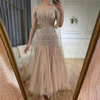 Robe de soirée mi-longue style arabe nude, coupe trapèze, bretelles et perles, pour femme, tenue de mariage, modèle LA71911, 2025 
