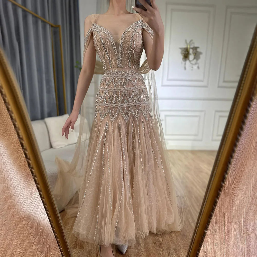 Vestidos de noche midi color nude, corte A, con tirantes y cuentas, estilo árabe, para mujer, ideales para bodas y fiestas (LA71911) 