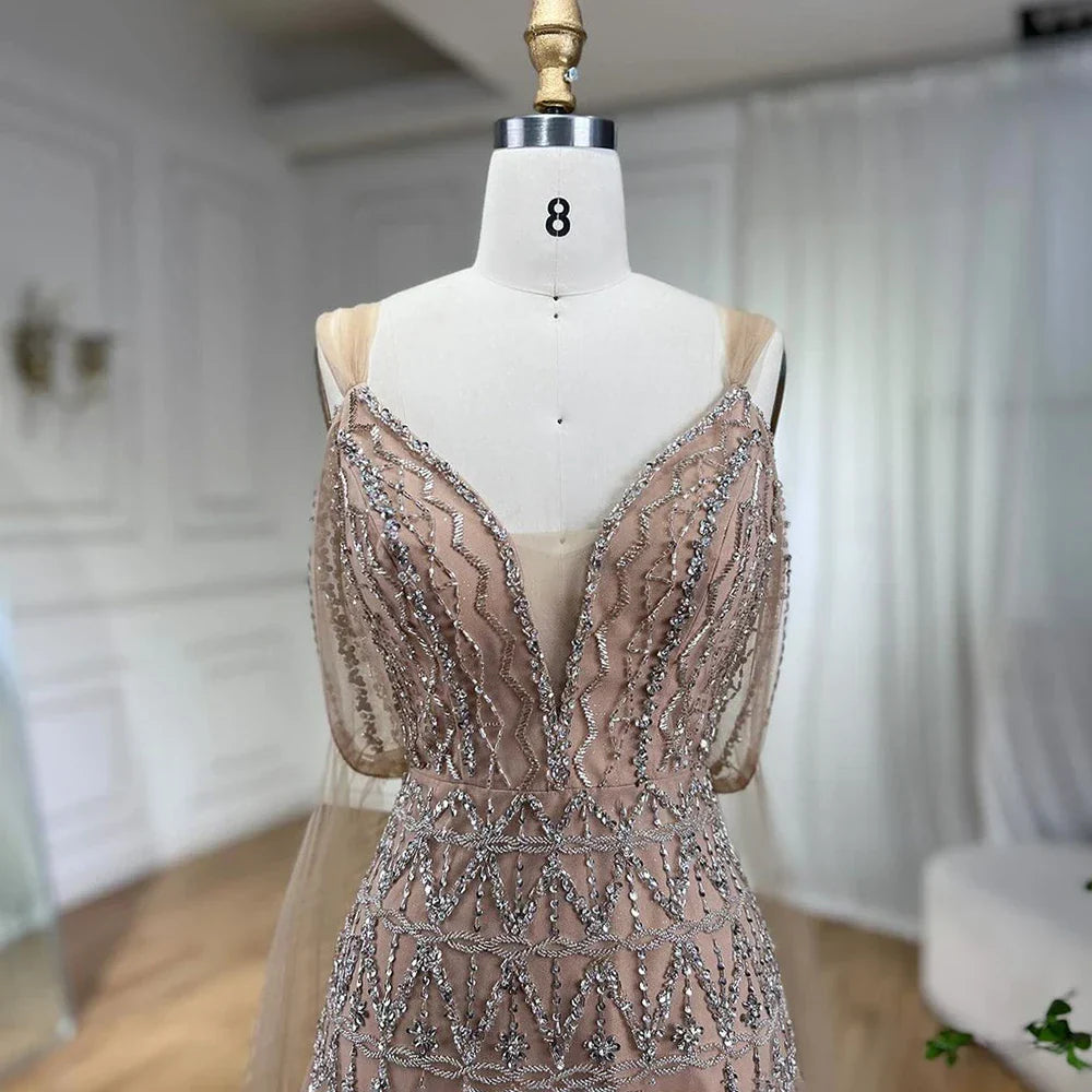 Robe de soirée mi-longue style arabe nude, coupe trapèze, bretelles et perles, pour femme, tenue de mariage, modèle LA71911, 2025 