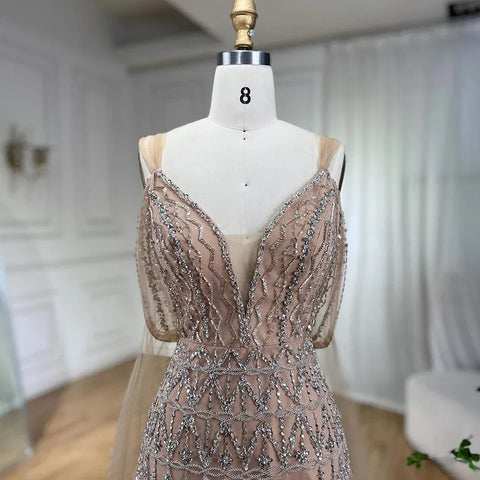 Vestidos de noche midi color nude, corte A, con tirantes y cuentas, estilo árabe, para mujer, ideales para bodas y fiestas (LA71911) 