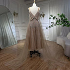Robe de soirée mi-longue style arabe nude, coupe trapèze, bretelles et perles, pour femme, tenue de mariage, modèle LA71911, 2025 
