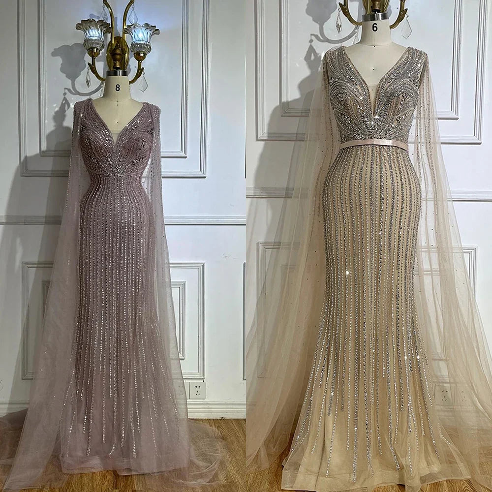 Pink Cape Sleeves Beaded Evening Dresses Gowns For Women Wedding Party 2025 LA72864
