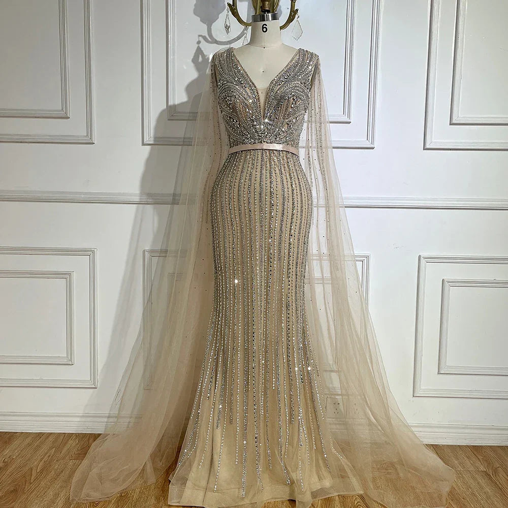 Pink Cape Sleeves Beaded Evening Dresses Gowns For Women Wedding Party 2025 LA72864