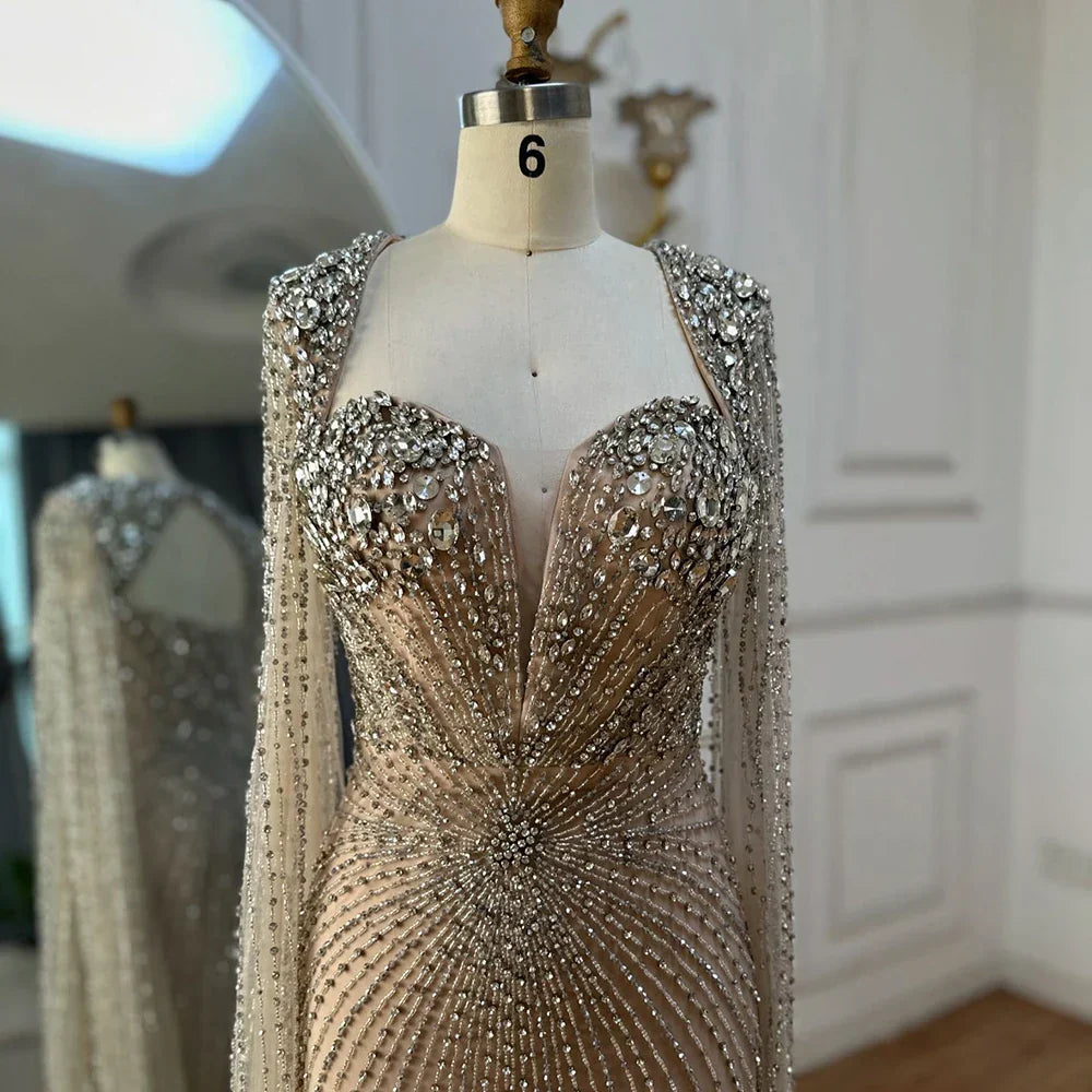 Robe de soirée arabe argentée, couleur chair, manches cape, perles, pour femme, fête de mariage, 2025, LA72575