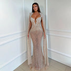 Robe de soirée arabe argentée, couleur chair, manches cape, perles, pour femme, fête de mariage, 2025, LA72575
