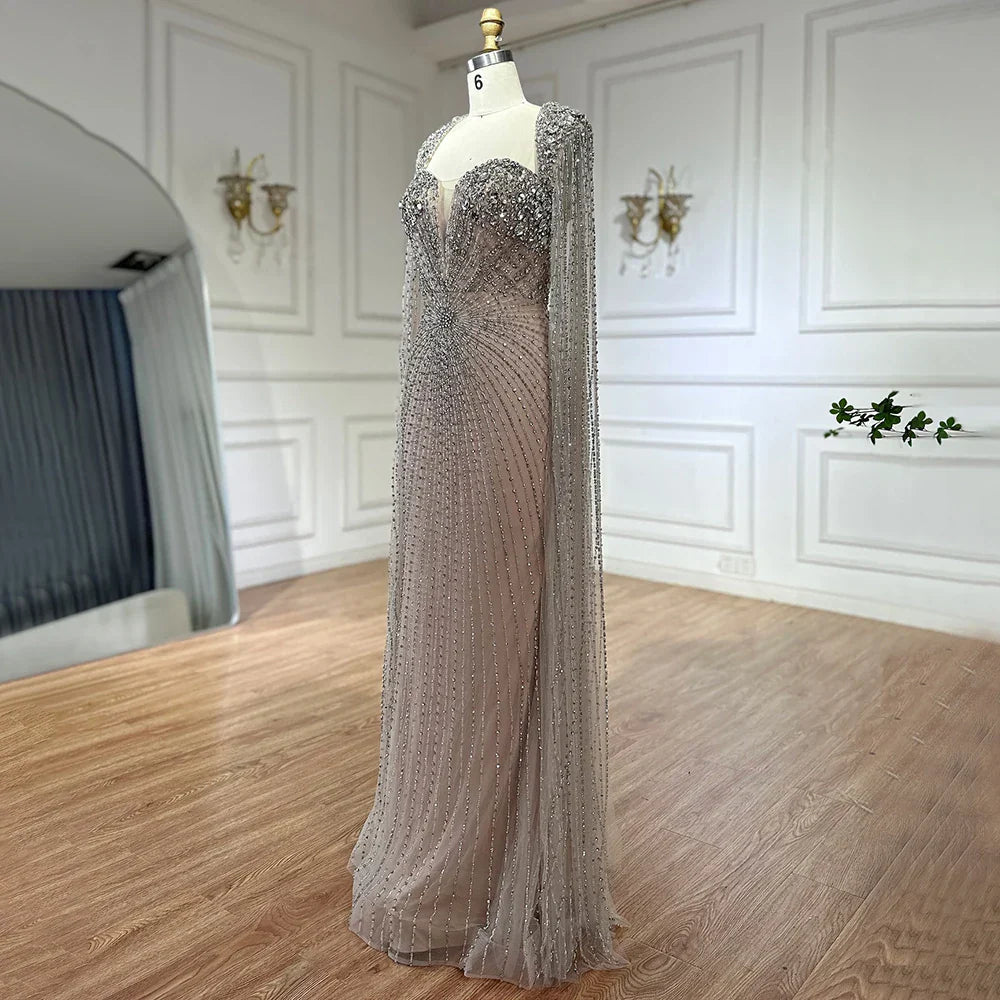 Arabic Silver Nude Cape Sleeves Beaded Evening Dresses Gowns For Women Wedding Party 2025 LA72575