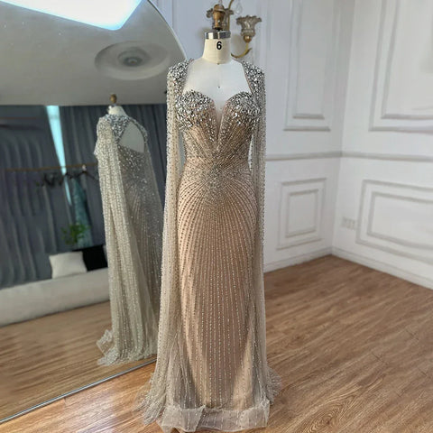 Robe de soirée arabe argentée, couleur chair, manches cape, perles, pour femme, fête de mariage, 2025, LA72575