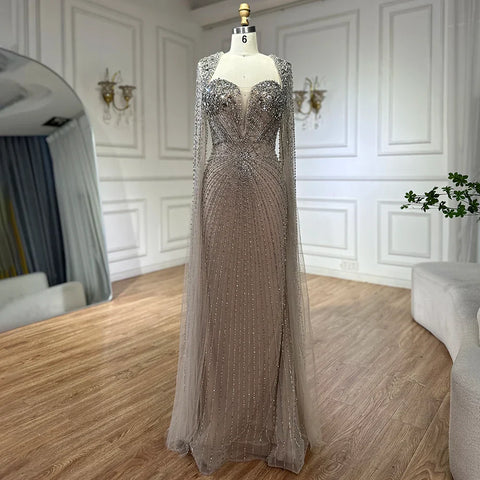 Robe de soirée arabe argentée, couleur chair, manches cape, perles, pour femme, fête de mariage, 2025, LA72575