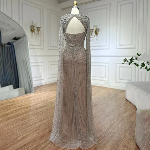 Robe de soirée arabe argentée, couleur chair, manches cape, perles, pour femme, fête de mariage, 2025, LA72575
