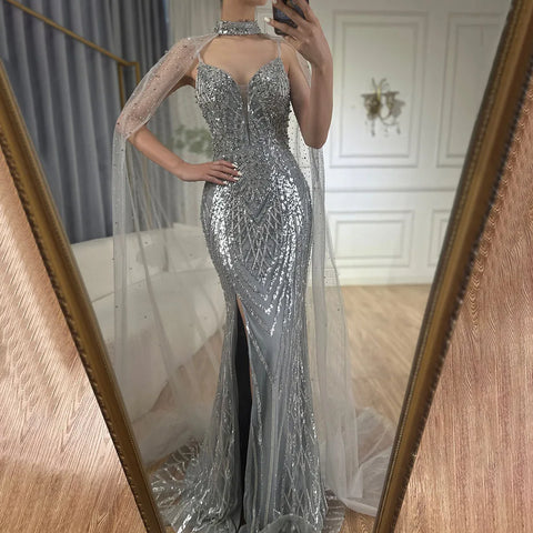 Black Nude Beaded Spaghetti Strap Evening Dress Gown with Long Cape for Formal Occasion 2025 LA72795