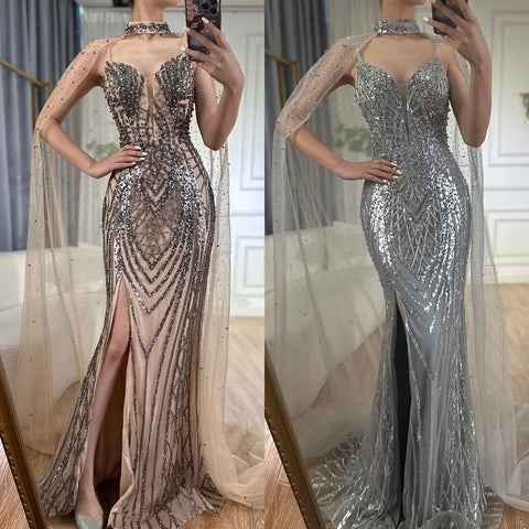 Black Nude Beaded Spaghetti Strap Evening Dress Gown with Long Cape for Formal Occasion 2025 LA72795