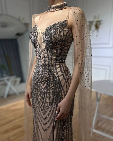 Black Nude Beaded Spaghetti Strap Evening Dress Gown with Long Cape for Formal Occasion 2025 LA72795