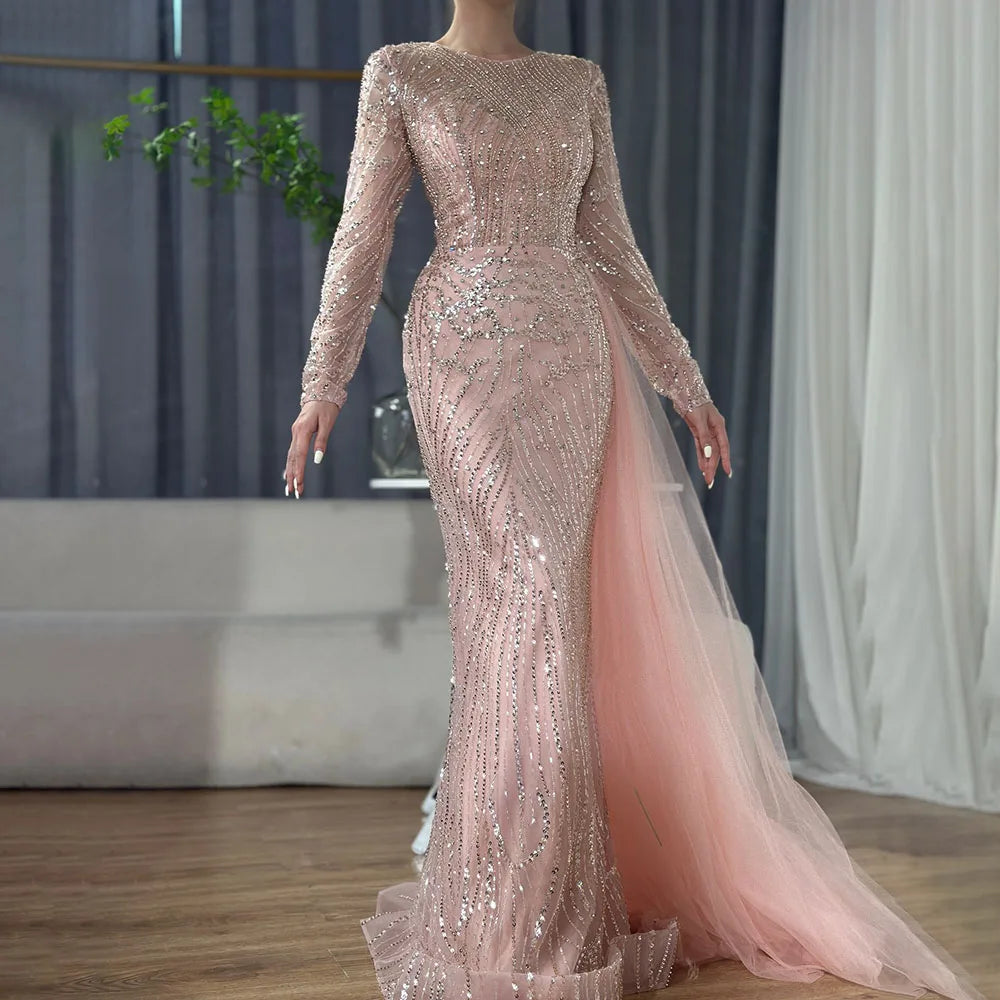 Caramel Beaded Mermaid Long Arabic Evening Dresses Gowns With Overskirt for Formal Occasion 2025 LA71673A