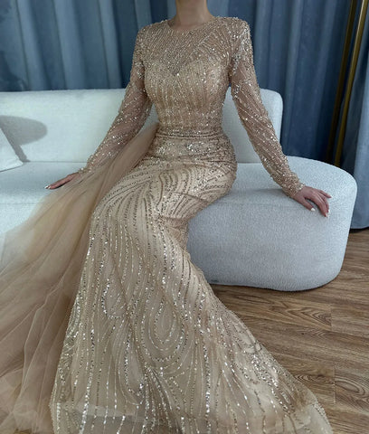 Caramel Beaded Mermaid Long Arabic Evening Dresses Gowns With Overskirt for Formal Occasion 2025 LA71673A
