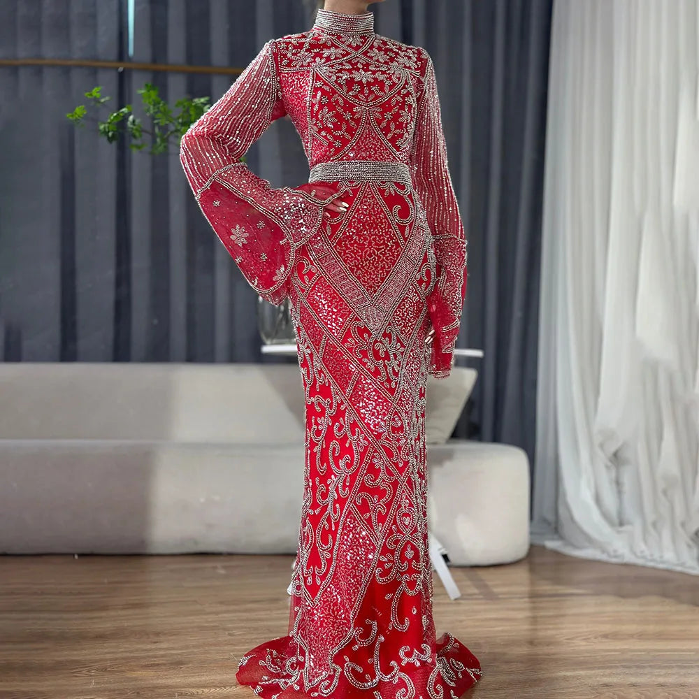 Muslim Red Mermaid Black Evening Dress with Cape Sleeves and Beaded for Formal Occasion 2025 LA72316C