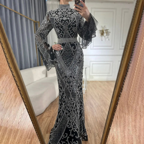 Muslim Red Mermaid Black Evening Dress with Cape Sleeves and Beaded for Formal Occasion 2025 LA72316C