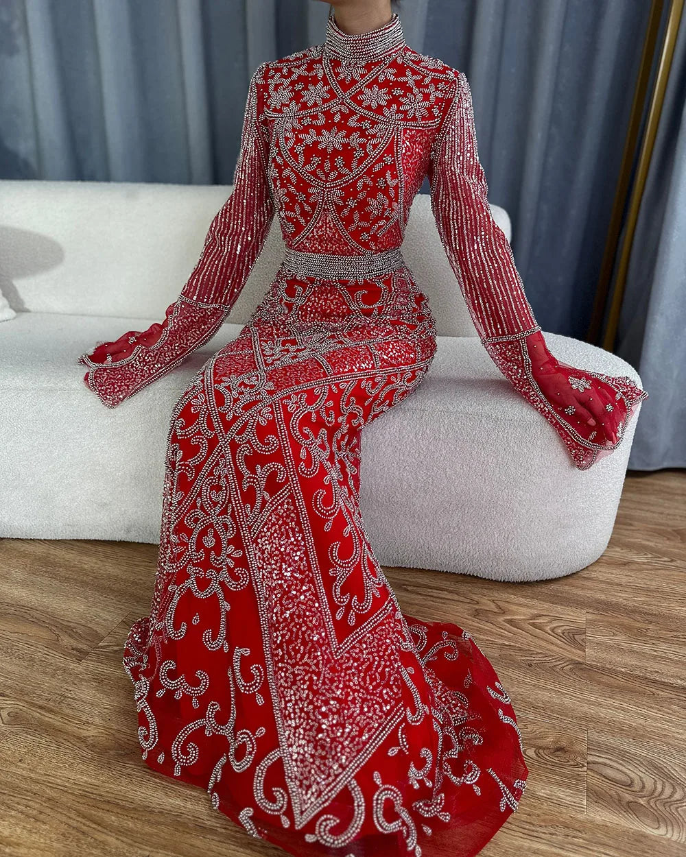 Muslim Red Mermaid Black Evening Dress with Cape Sleeves and Beaded for Formal Occasion 2025 LA72316C