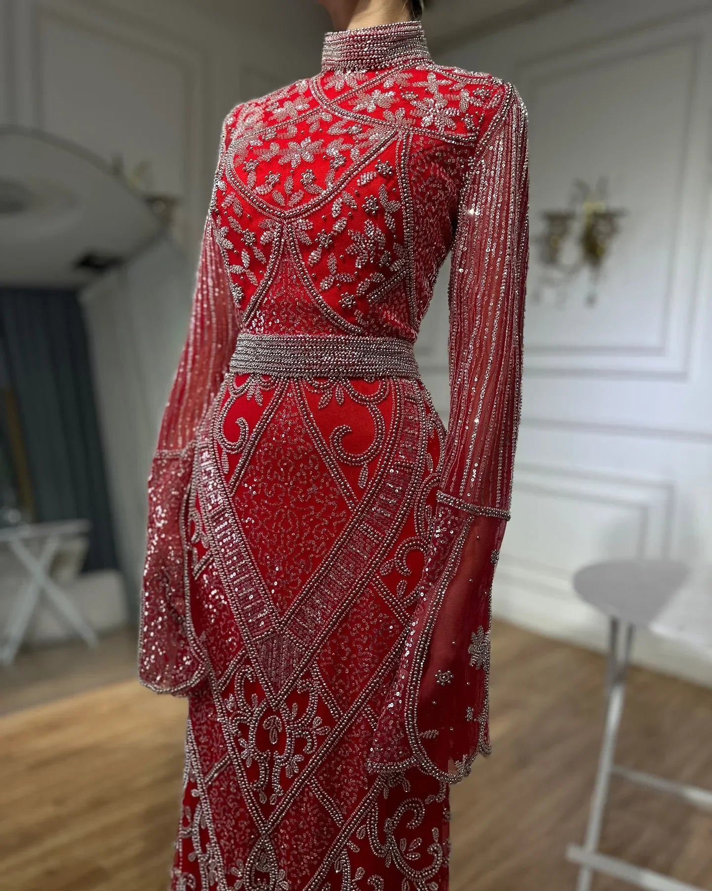 Muslim Red Mermaid Black Evening Dress with Cape Sleeves and Beaded for Formal Occasion 2025 LA72316C