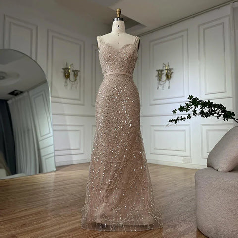Nude Spaghetti Strap Beaded Mermaid Gown with Detachable Long Sleeve Jacket for Formal Occasion LA72160C