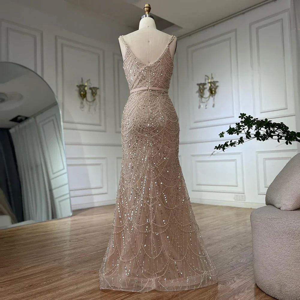Nude Spaghetti Strap Beaded Mermaid Gown with Detachable Long Sleeve Jacket for Formal Occasion LA72160C
