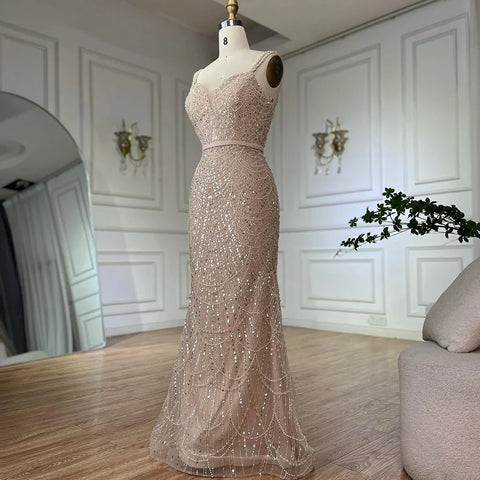 Nude Spaghetti Strap Beaded Mermaid Gown with Detachable Long Sleeve Jacket for Formal Occasion LA72160C