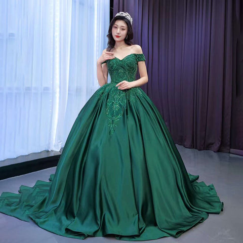 Dark Green High End Sexy Off Shoulder Luxury Lace Beaded Lace Up Bride Gowns Wedding Dress 2025 Custom Made HM67533