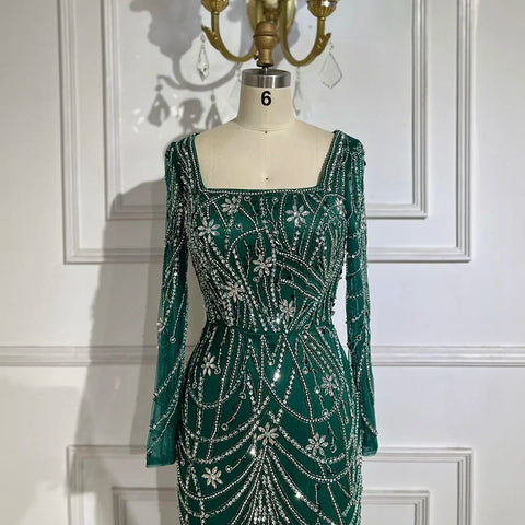 Dark Green Mermaid Dress Crystal Beaded Arabic Evening Gown for Women Perfect for Weddings and Parties 2025 LA72242
