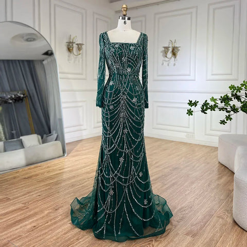 Dark Green Mermaid Dress Crystal Beaded Arabic Evening Gown for Women Perfect for Weddings and Parties 2025 LA72242