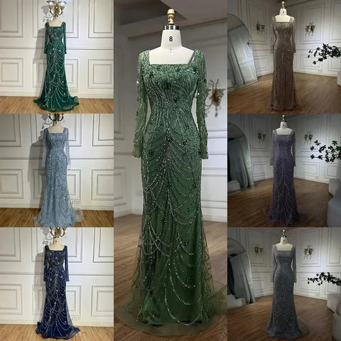 Dark Green Mermaid Dress Crystal Beaded Arabic Evening Gown for Women Perfect for Weddings and Parties 2025 LA72242