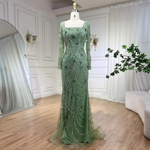 Dark Green Mermaid Dress Crystal Beaded Arabic Evening Gown for Women Perfect for Weddings and Parties 2025 LA72242