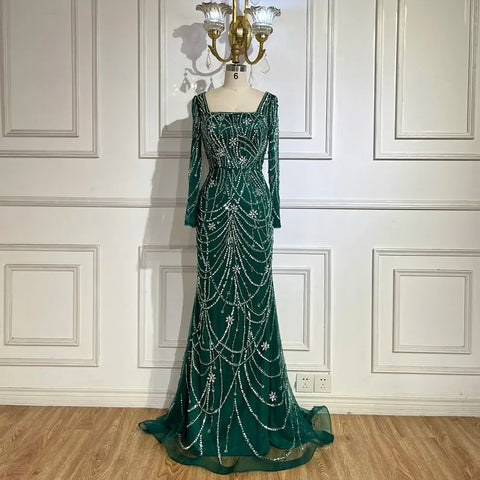 Dark Green Mermaid Dress Crystal Beaded Arabic Evening Gown for Women Perfect for Weddings and Parties 2025 LA72242
