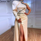 Designer Soft Satin Champagne One Shoulder Mermaid  High Split Evening Dresses Gowns 2025 For Women Party LA70877