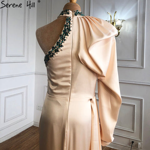 Designer Soft Satin Champagne One Shoulder Mermaid  High Split Evening Dresses Gowns 2025 For Women Party LA70877