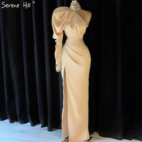Designer Soft Satin Champagne One Shoulder Mermaid  High Split Evening Dresses Gowns 2025 For Women Party LA70877