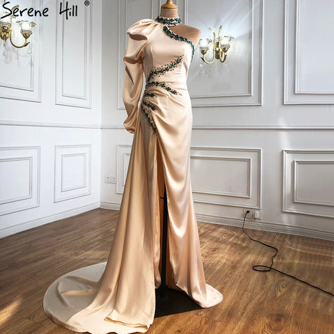 Designer Soft Satin Champagne One Shoulder Mermaid  High Split Evening Dresses Gowns 2025 For Women Party LA70877