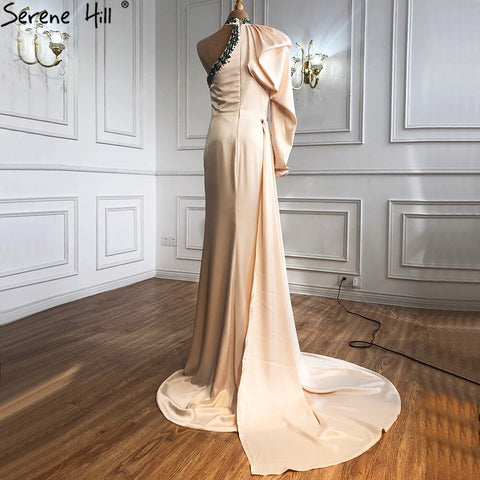 Designer Soft Satin Champagne One Shoulder Mermaid  High Split Evening Dresses Gowns 2025 For Women Party LA70877