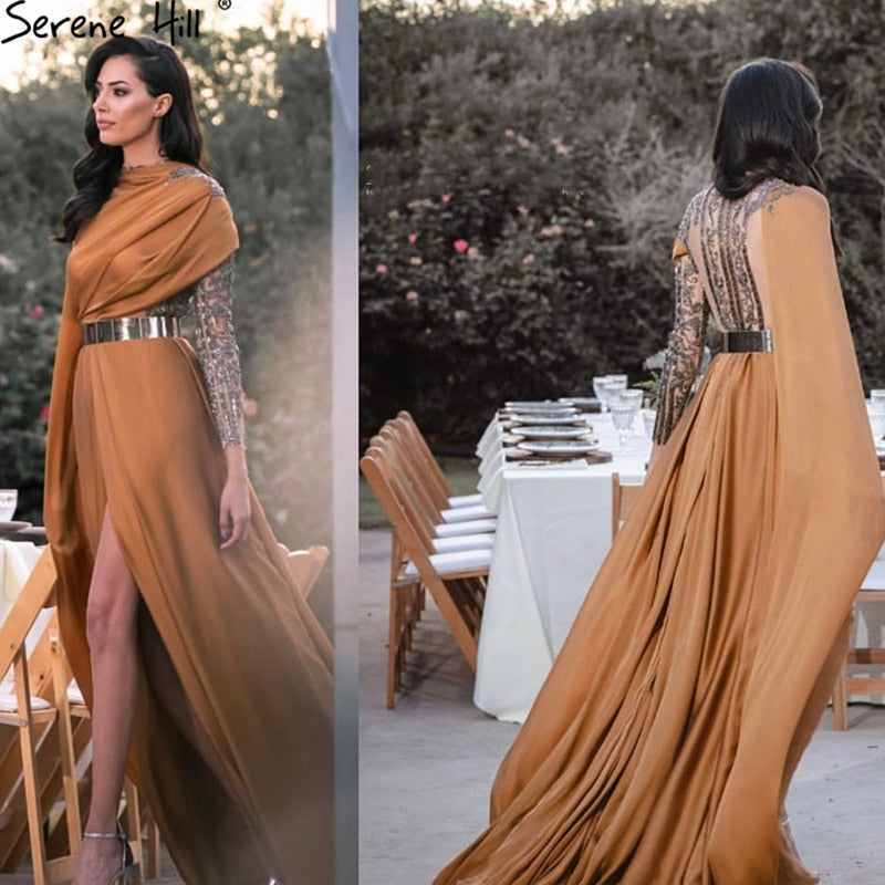 Designer Soft Satin High Split Evening Dresses Gowns 2025 One shoulder Beaded A-Line For Woman Party LA70751