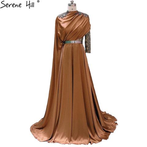 Designer Soft Satin High Split Evening Dresses Gowns 2025 One shoulder Beaded A-Line For Woman Party LA70751