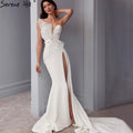 Designer White Satin Beaded Split  Evening Dresses Gowns 2025 Mermaid Elegant =Sexy For Women Party HM67188