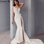 Designer White Satin Beaded Split  Evening Dresses Gowns 2025 Mermaid Elegant =Sexy For Women Party HM67188