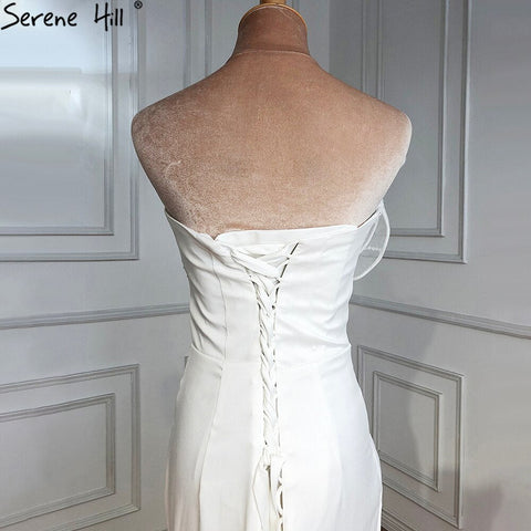 Designer White Satin Beaded Split  Evening Dresses Gowns 2025 Mermaid Elegant =Sexy For Women Party HM67188