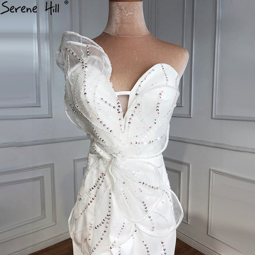 Designer White Satin Beaded Split  Evening Dresses Gowns 2025 Mermaid Elegant =Sexy For Women Party HM67188