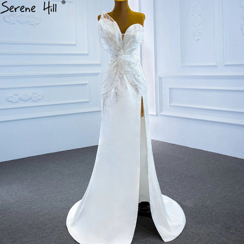 Designer White Satin Beaded Split  Evening Dresses Gowns 2025 Mermaid Elegant =Sexy For Women Party HM67188