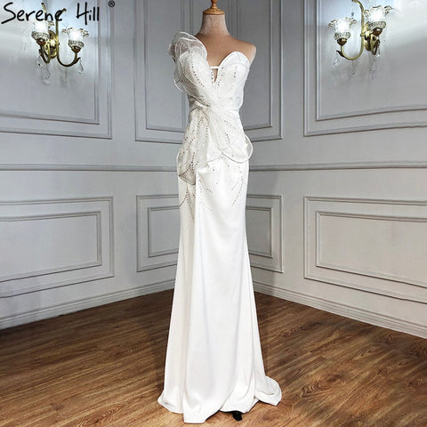 Designer White Satin Beaded Split  Evening Dresses Gowns 2025 Mermaid Elegant =Sexy For Women Party HM67188