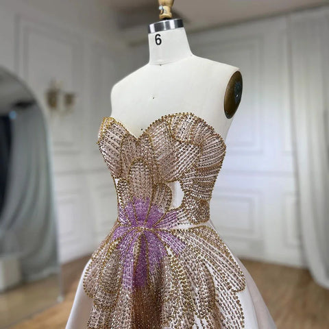 Robe de soirée luxueuse beige à perles et papillons pour femme, tenue de mariage élégante en satin, décolleté en cœur, LA72195